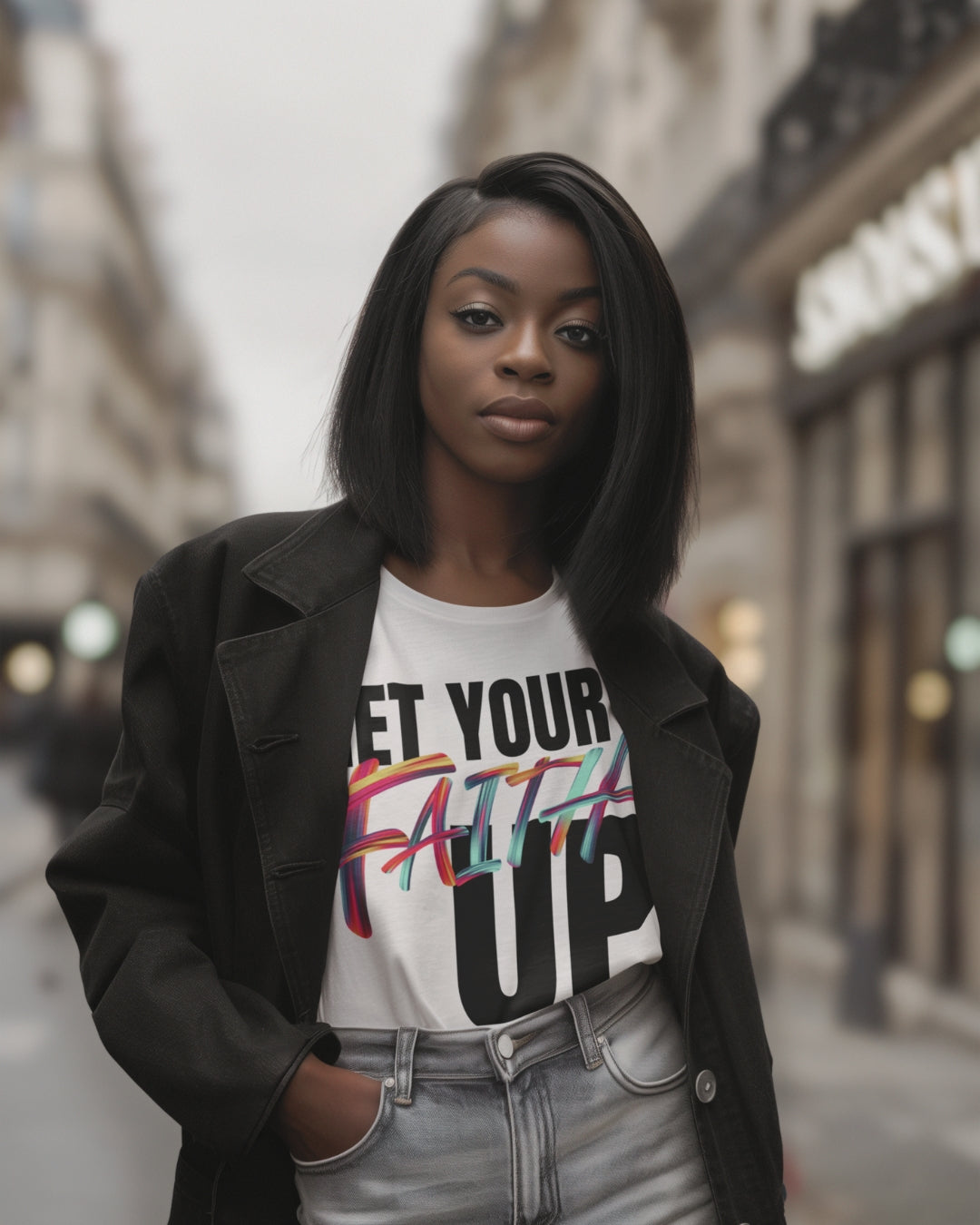 Get Your Faith Up - Black American Woman - White T-Shirt with Black Coat - Streets