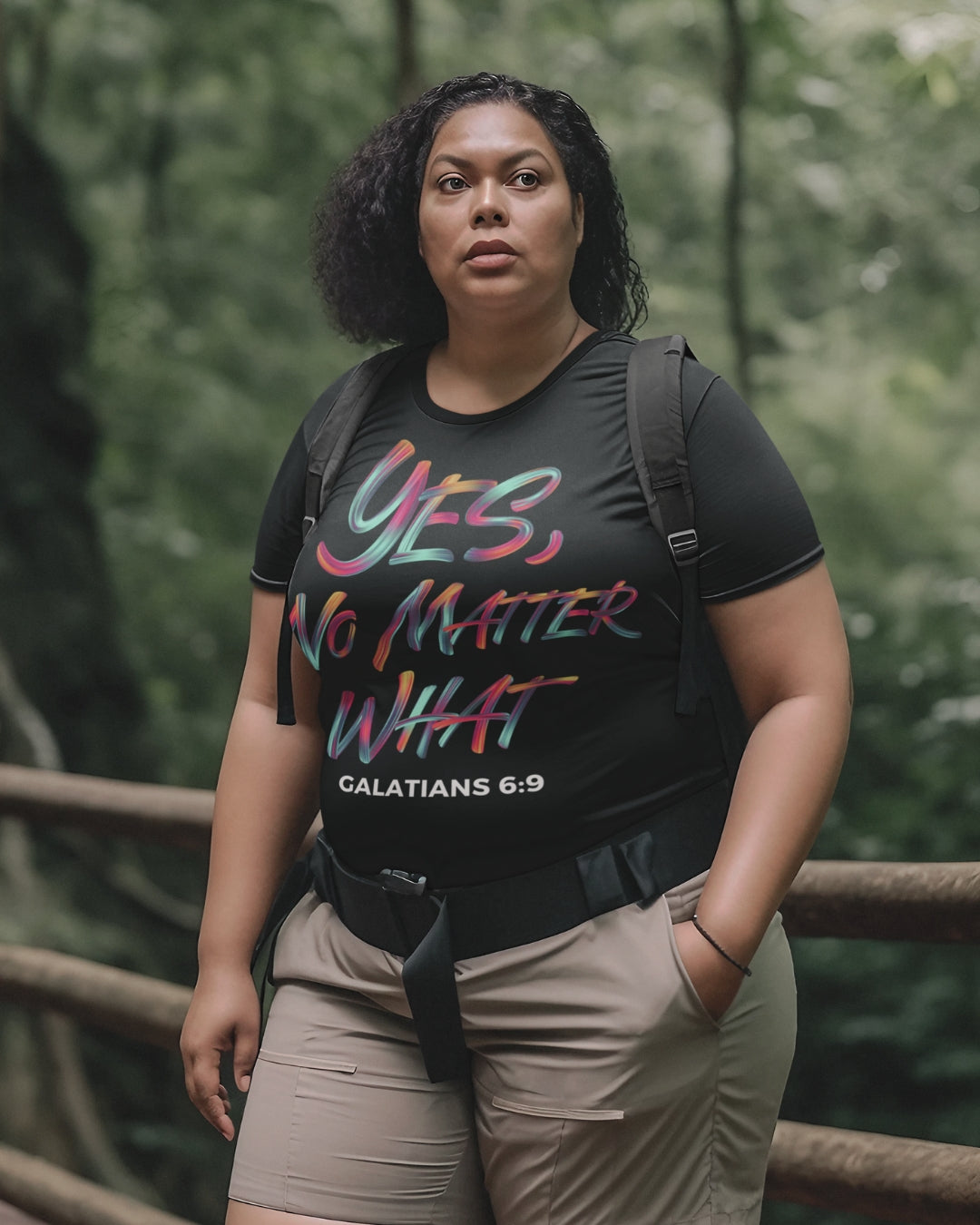 Yes, No Matter What - Black T-Shirt - Woman - Hiking - with backpack strap - Nude pants - Standing - Forest