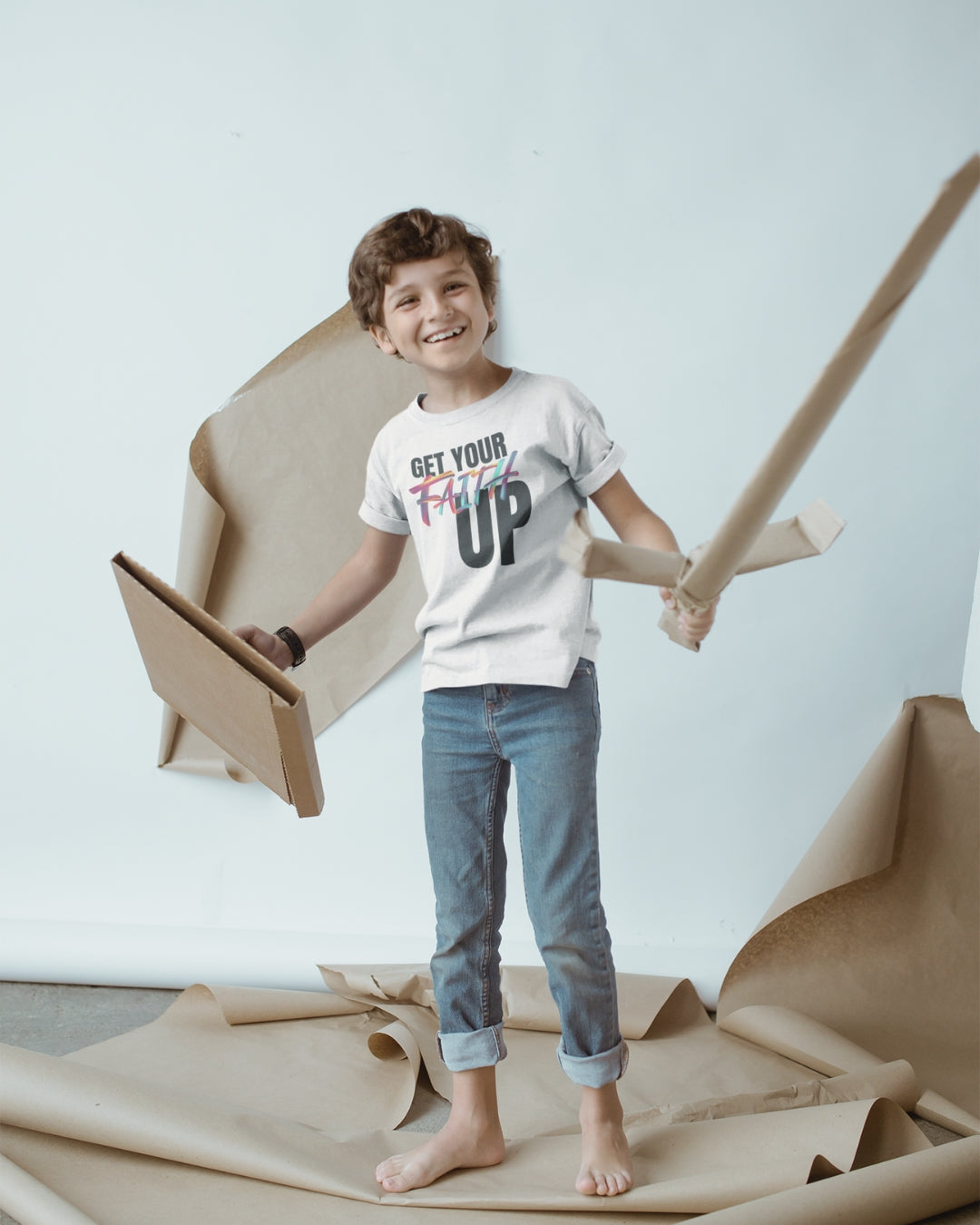 Get Your Faith Up - White - Kid with a cardboard sword and shield - Smiling