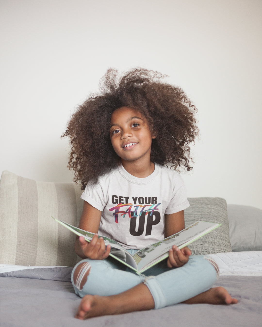 Get Your Faith Up - White T-Shirt - Kid on the bed - With a nice smile