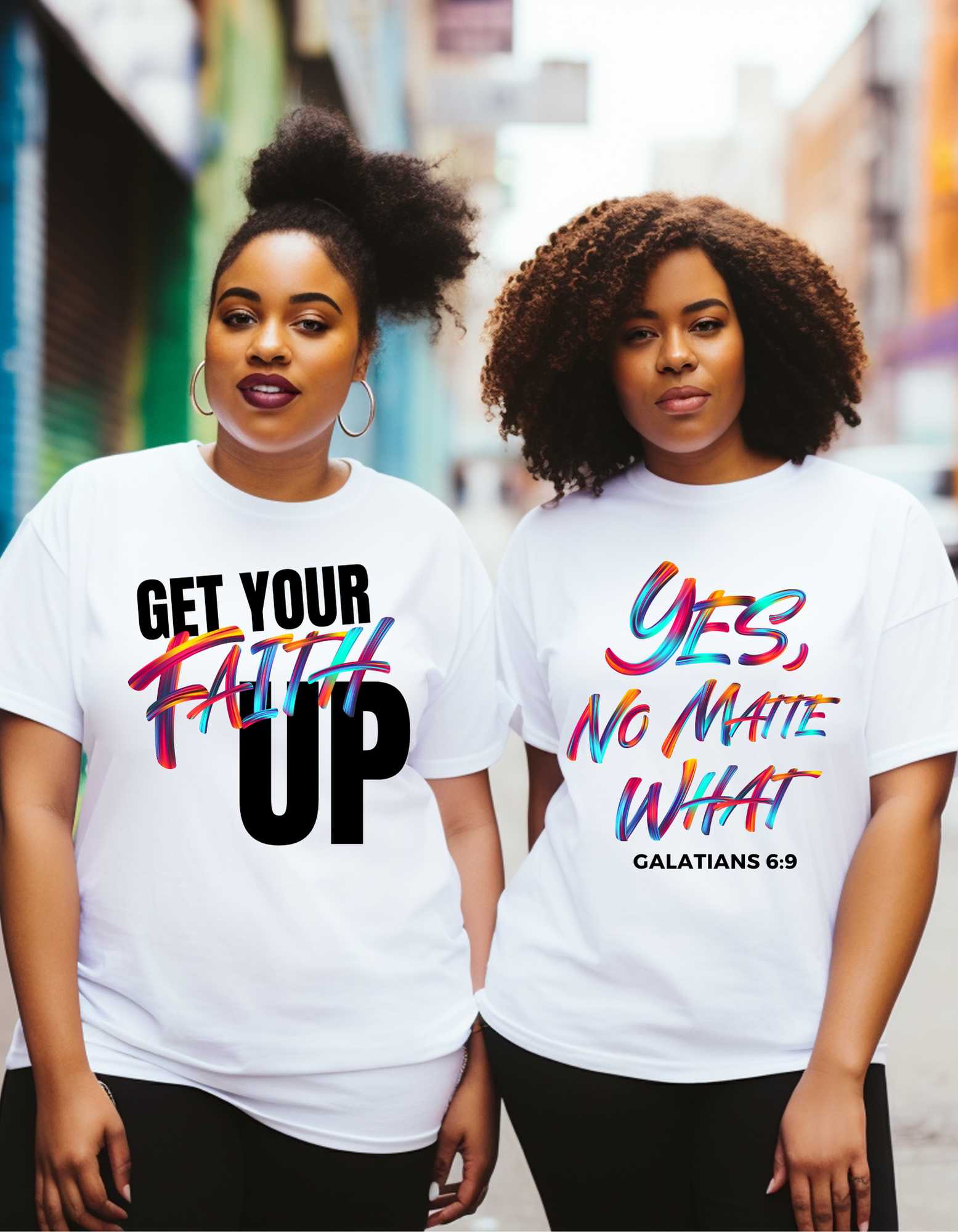 Yes, No Matter What - White T-Shirt - Two woman - Striking a pose - Curly hair - Street