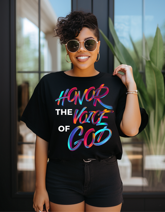 Honor the Voice of God - Black shirt - Woman - Standing - Smiling - Wavy Hair - Shades On