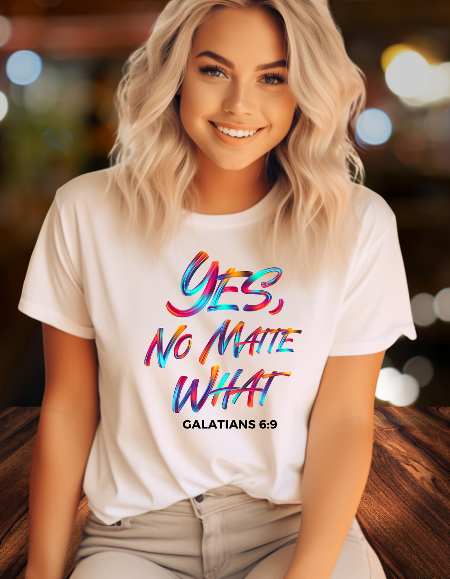 Yes, No Matter What - White T-Shirt - White Woman Smiling - Nud pants - Sitting on a hard wood