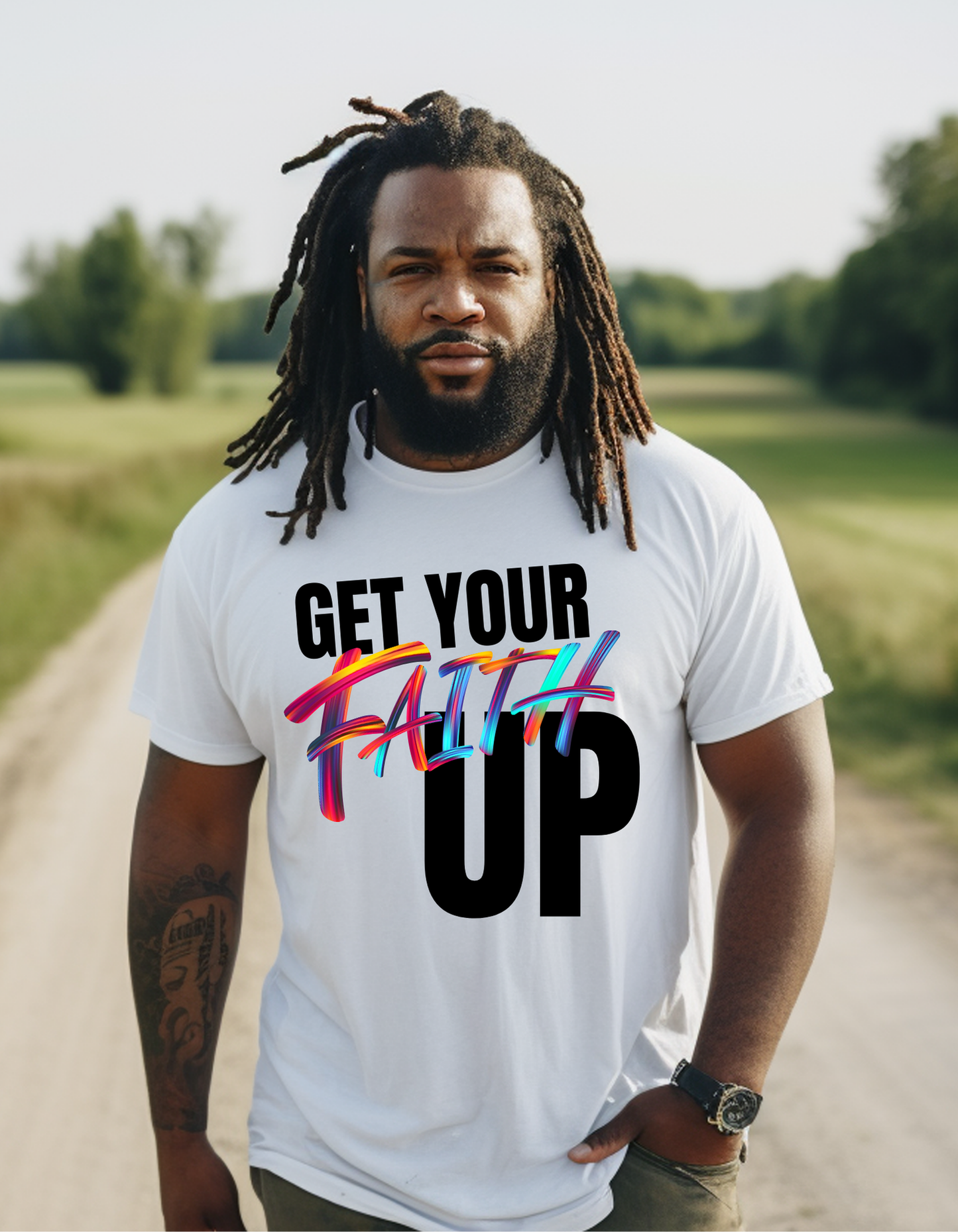 Get Your Faith Up - White T-Shirt - Black American  Man - Standing - dreadlock hair