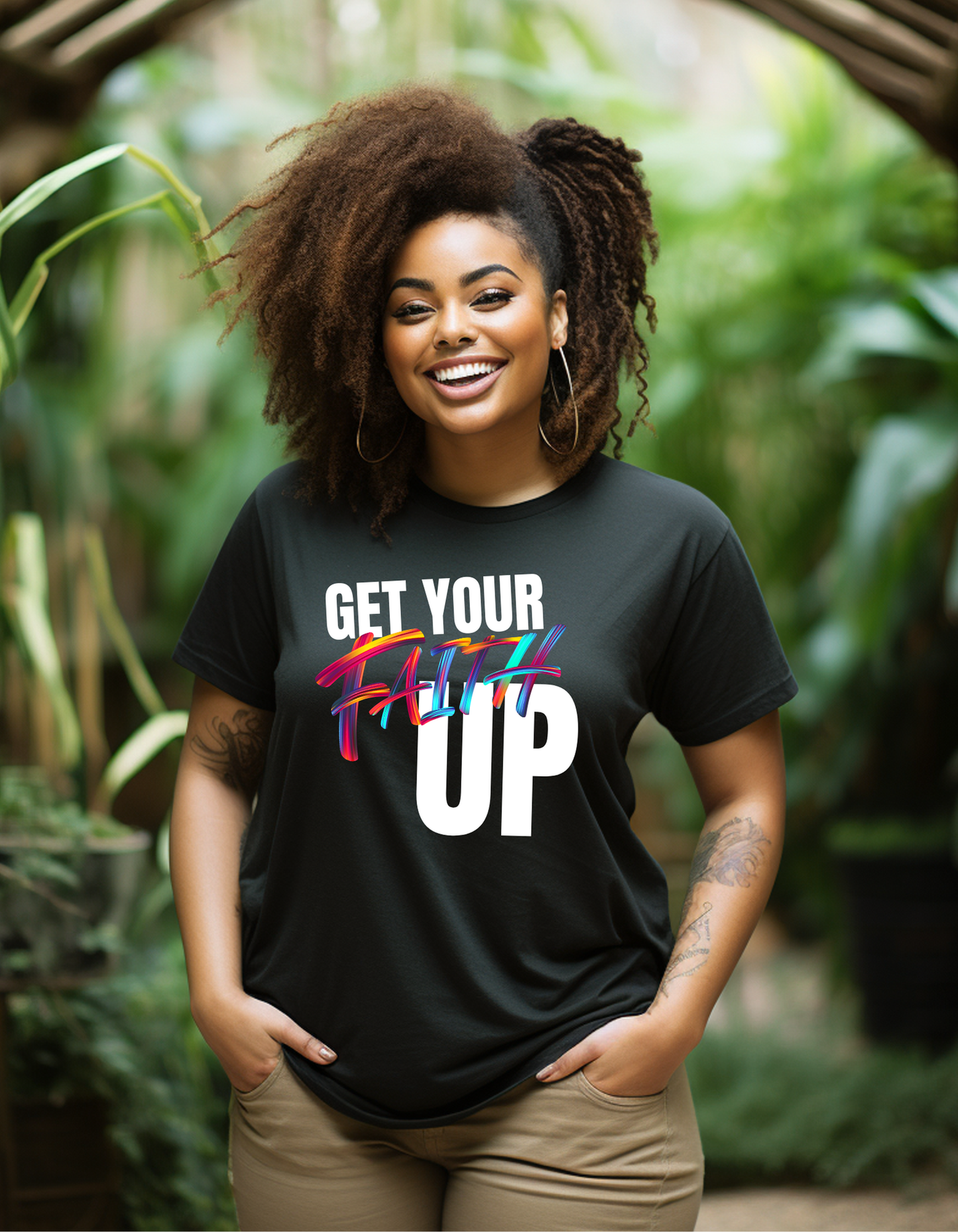 Get Your Faith Up - Black Shirt - African American Woman - Hands on the pocket - Smiling - 