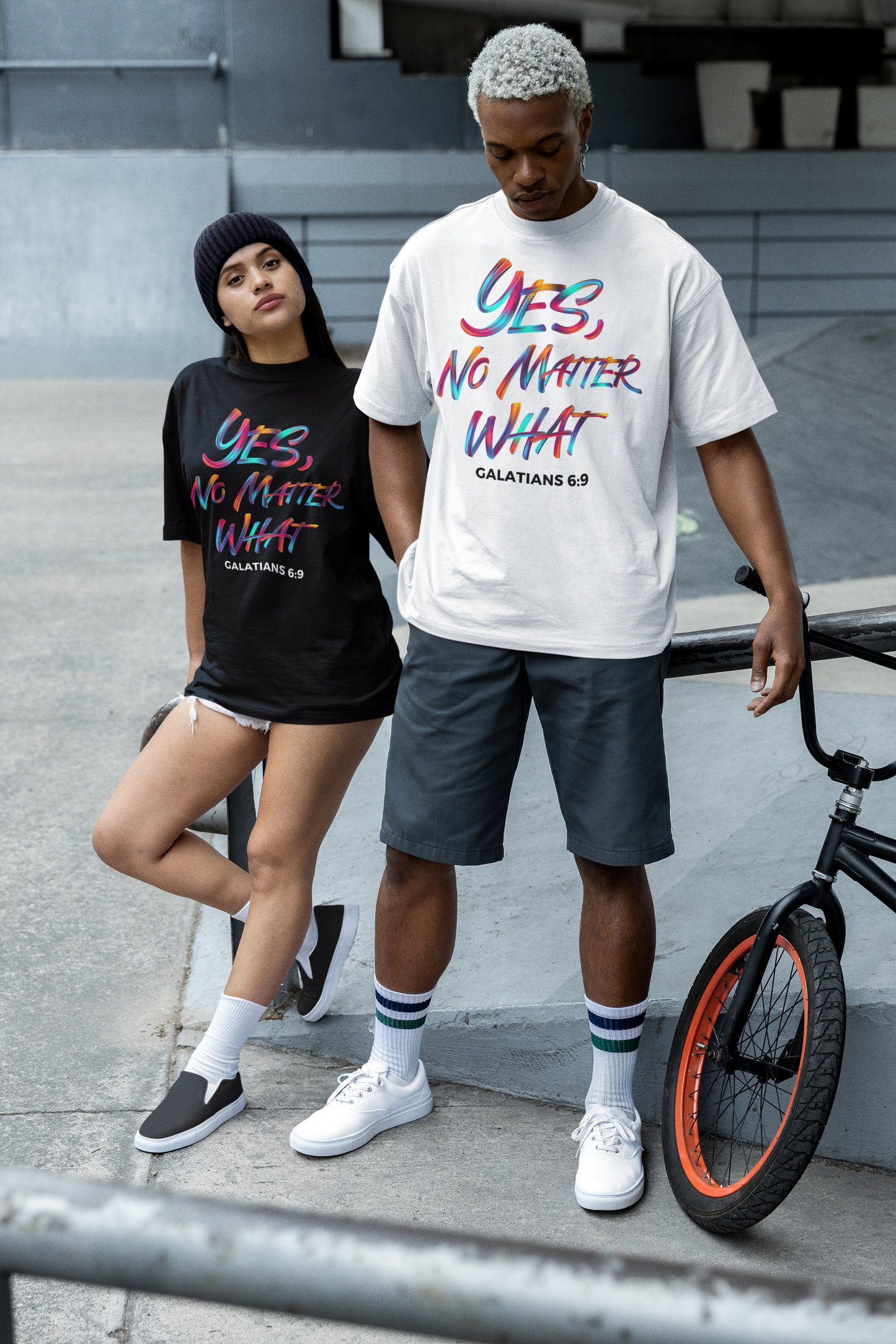 Yes, No Matter What - Black and White T-Shirt - Young Woman - Young Man - Streetstyle outfits - Standing - Street