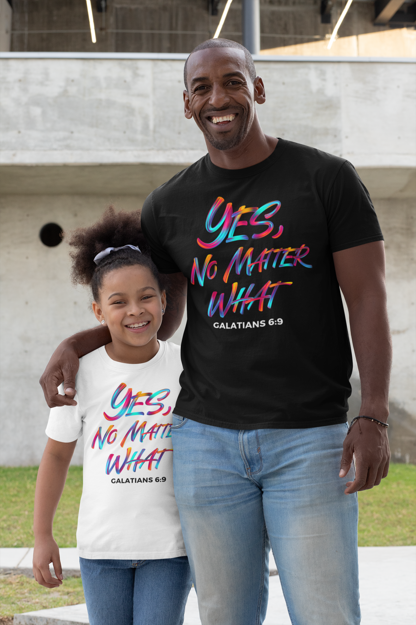 Yes, No Matter What - Black and white T-Shirt -Father and Daughter - Denim Pants - Standing pose - Smiling